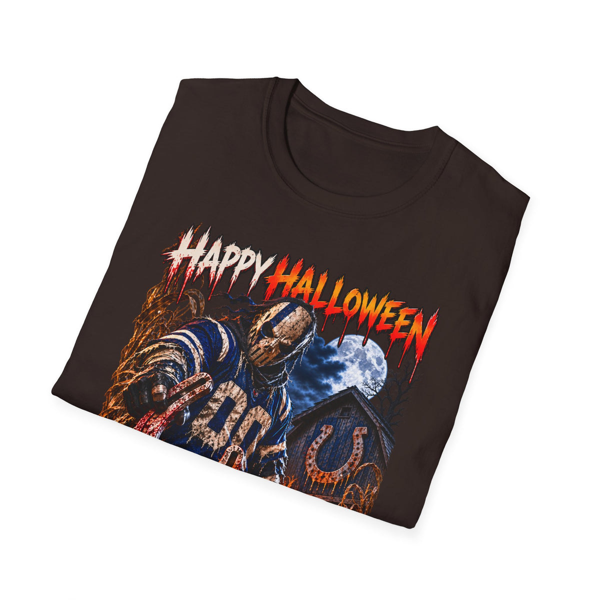 Halloween Scarecrow T-Shirt — "Happy Halloween" Cornfield Nightmare Tee