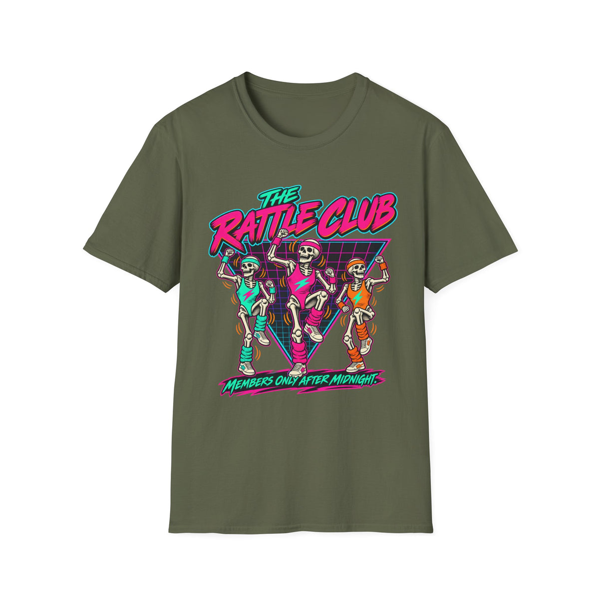 The Rattle Club T-Shirt — Retro Neon Skeletons "Members Only After Midnight"