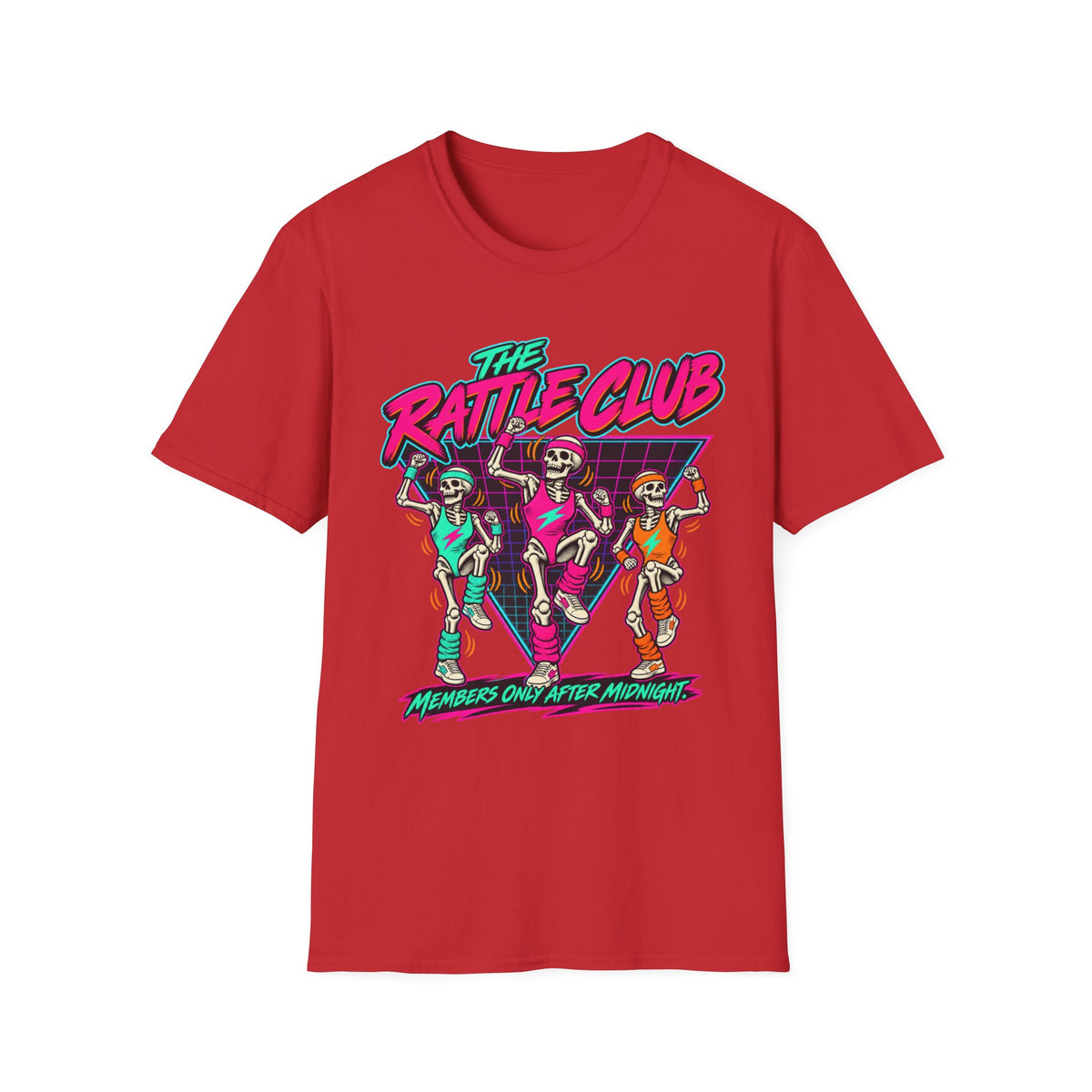 The Rattle Club T-Shirt — Retro Neon Skeletons "Members Only After Midnight"