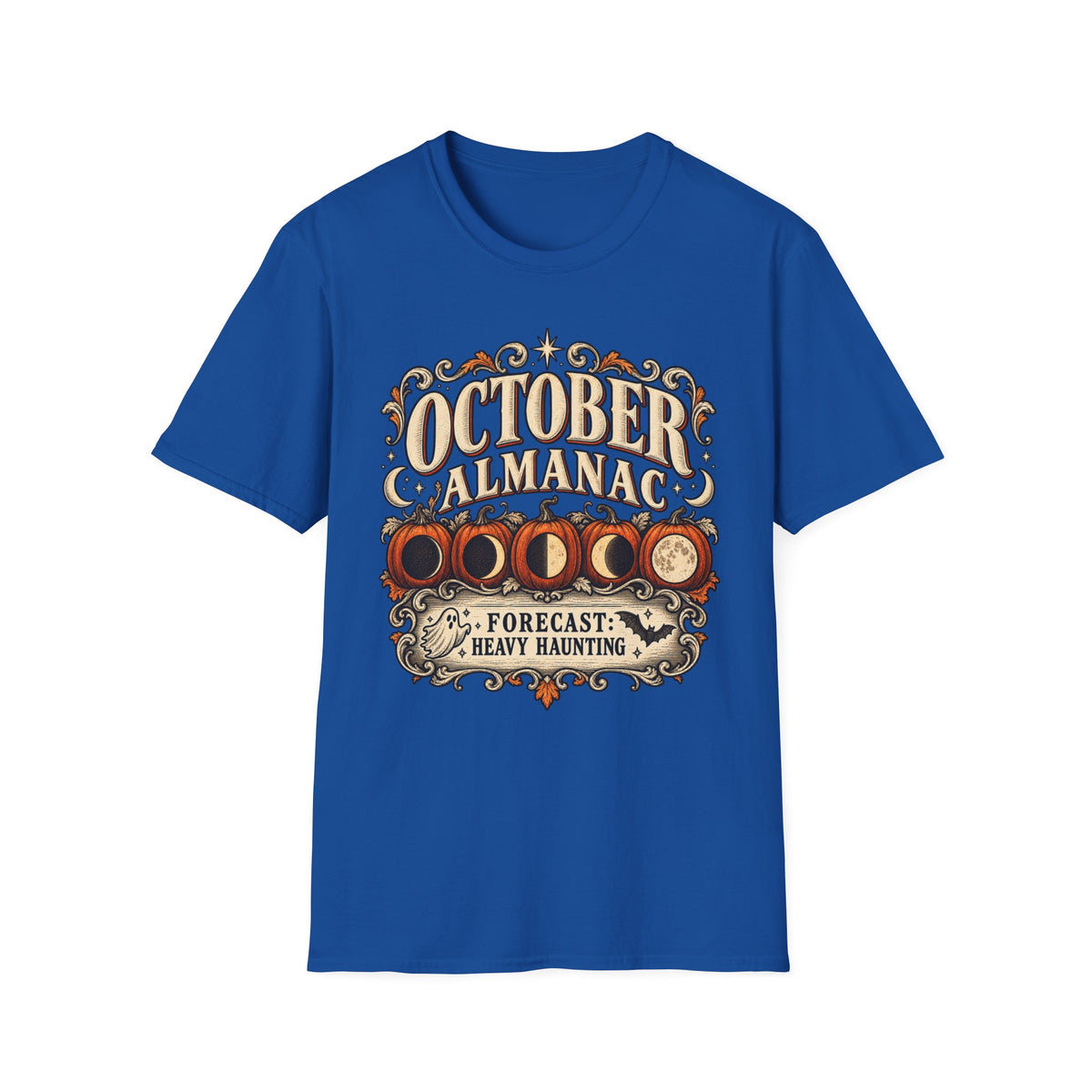 October Almanac T-Shirt — "Forecast: Heavy Haunting" Vintage Halloween Tee