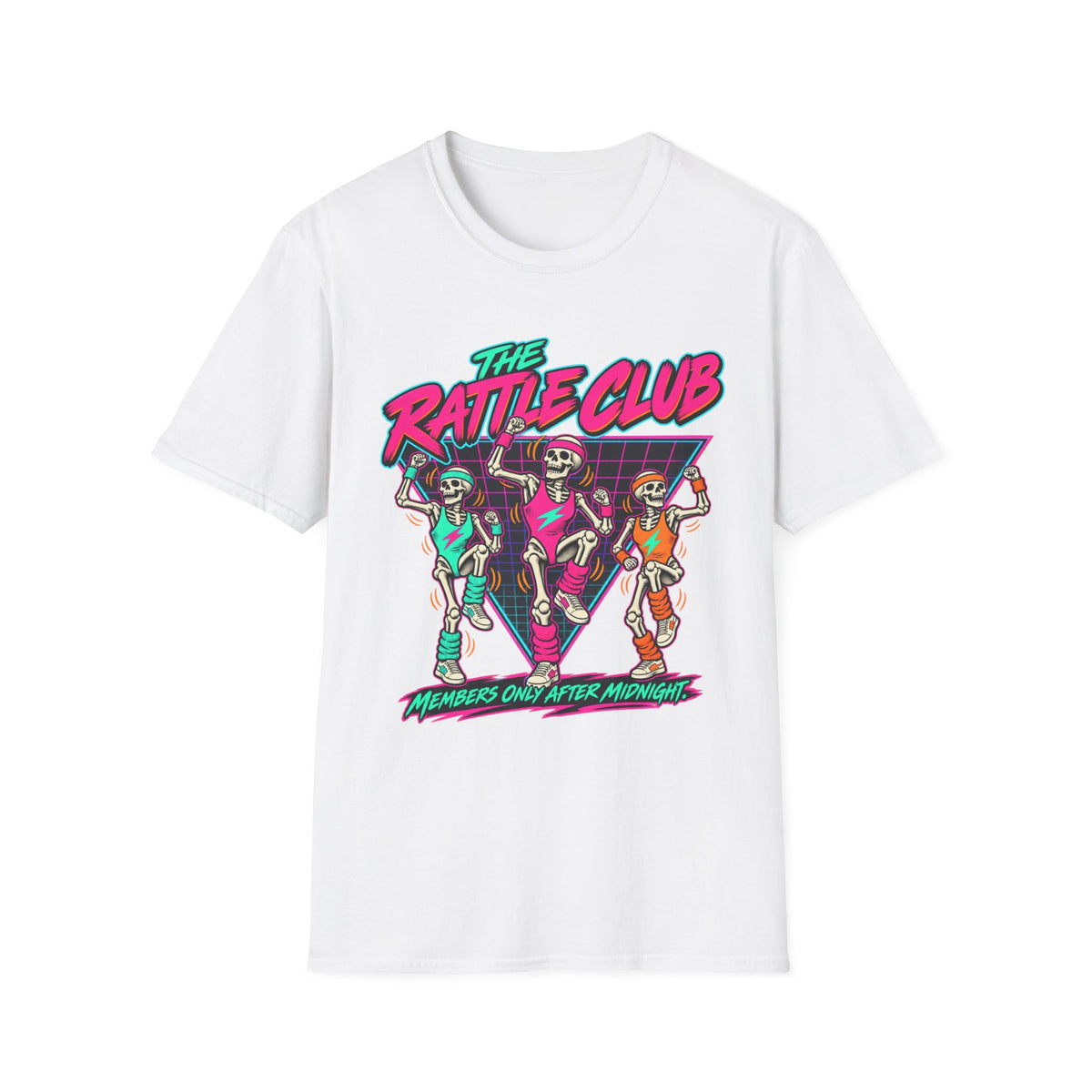The Rattle Club T-Shirt — Retro Neon Skeletons "Members Only After Midnight"