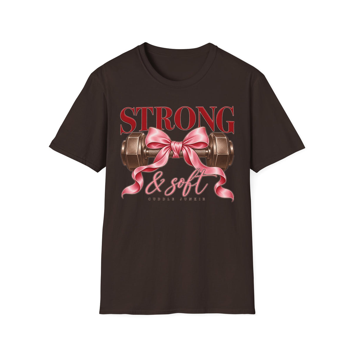 Strong & Soft T-Shirt — Dumbbell Graphic with Pink Ribbon (Fitness Gift)