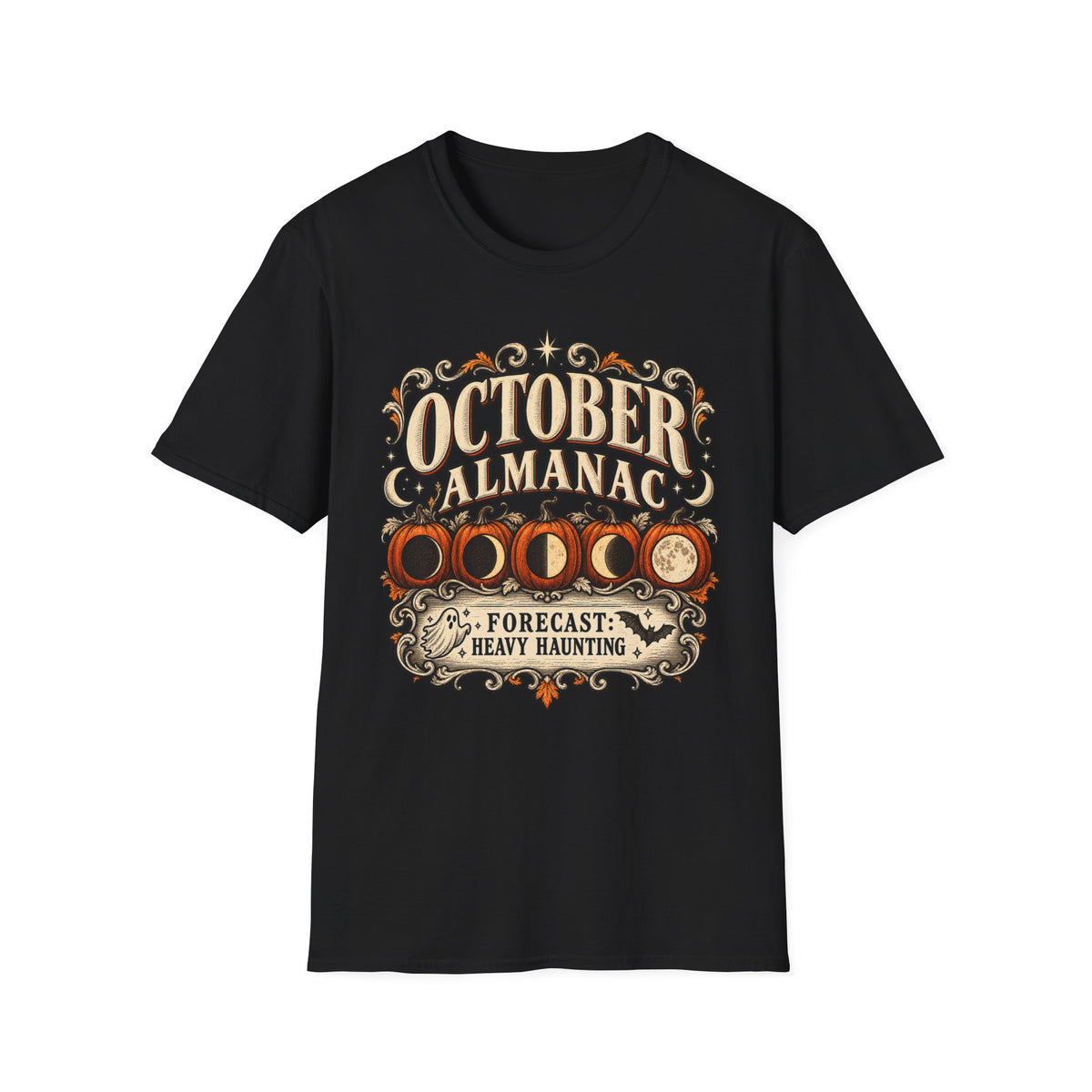 October Almanac T-Shirt — "Forecast: Heavy Haunting" Vintage Halloween Tee