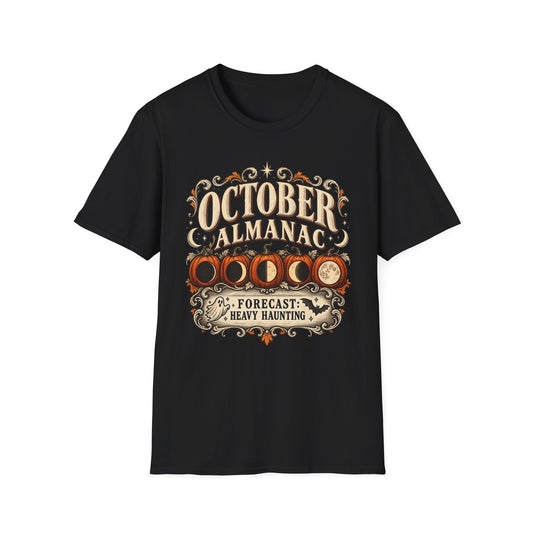 October Almanac T-Shirt — "Forecast: Heavy Haunting" Vintage Halloween Tee