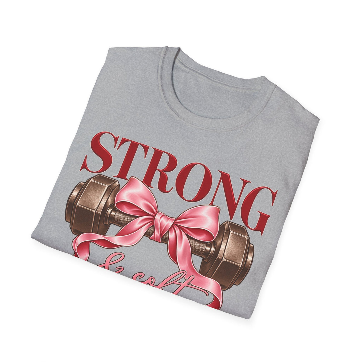 Strong & Soft T-Shirt — Dumbbell Graphic with Pink Ribbon (Fitness Gift)