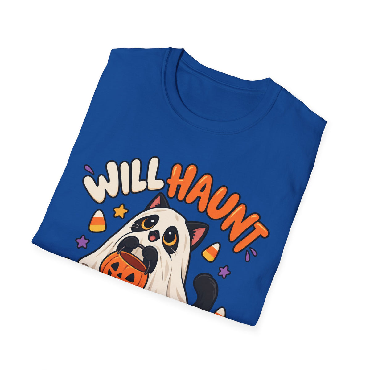 Halloween Ghost T-Shirt — "Will Haunt for Snacks" Cute Candy Costume Tee