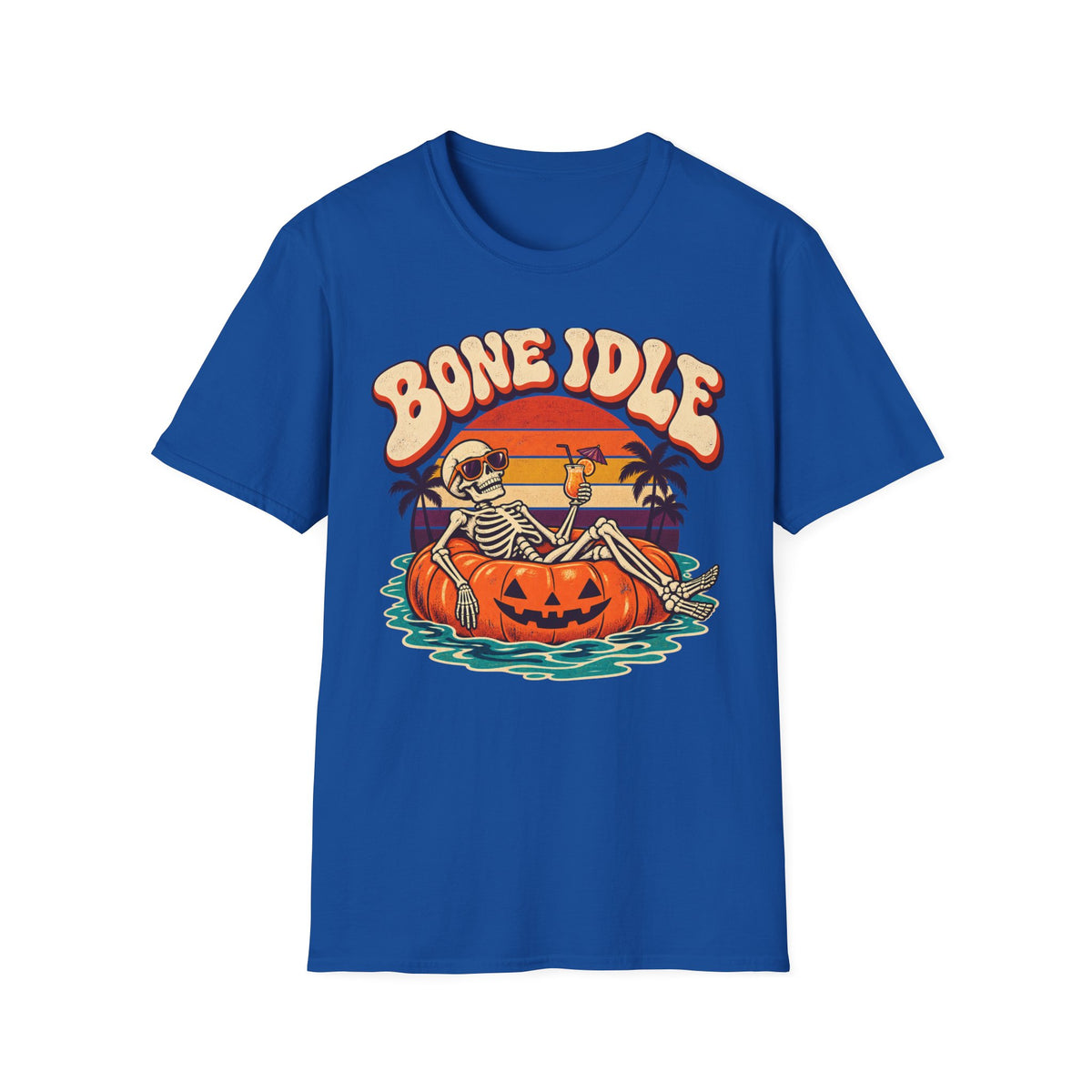Bone Idle Skeleton Pumpkin T-Shirt — Retro Halloween Vacation Vibe