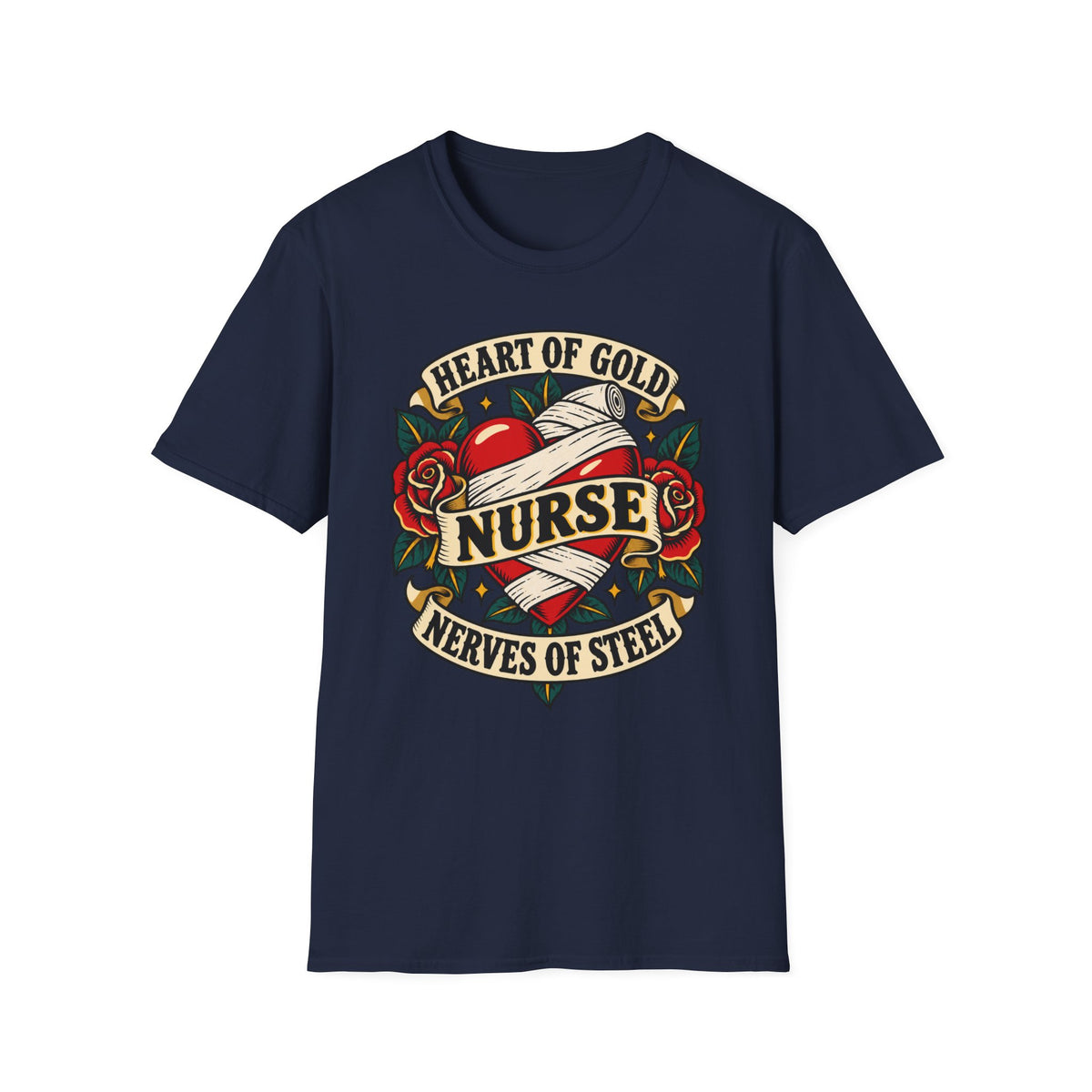 Nurse Tattoo Heart T-Shirt — "Heart of Gold, Nerves of Steel" Retro Nursing Tee