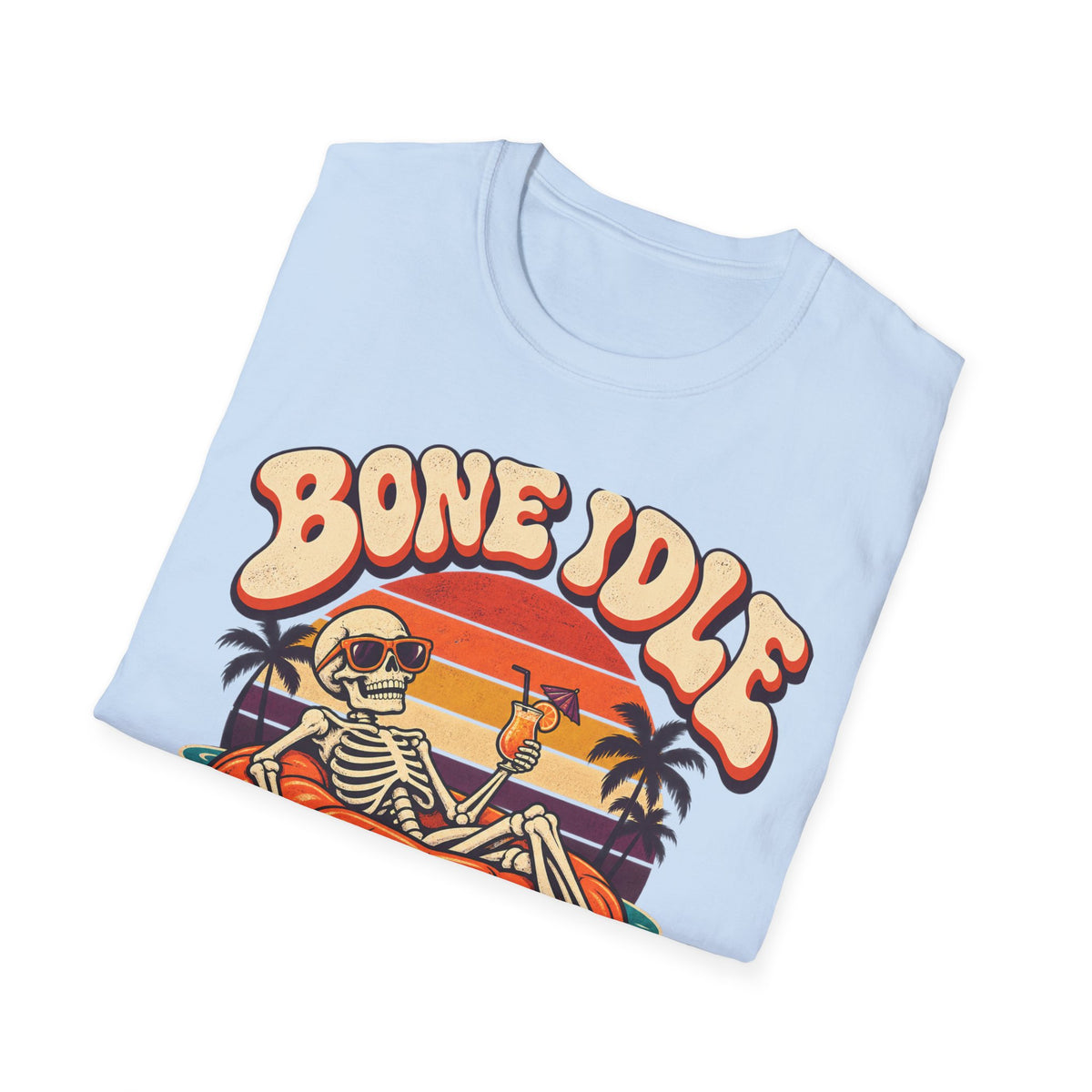 Bone Idle Skeleton Pumpkin T-Shirt — Retro Halloween Vacation Vibe