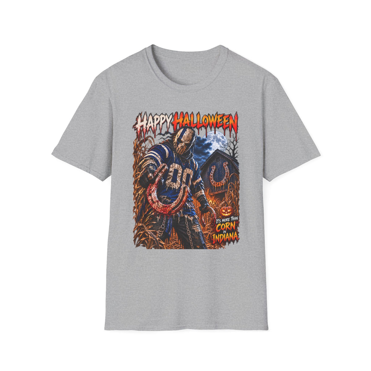 Halloween Scarecrow T-Shirt — "Happy Halloween" Cornfield Nightmare Tee