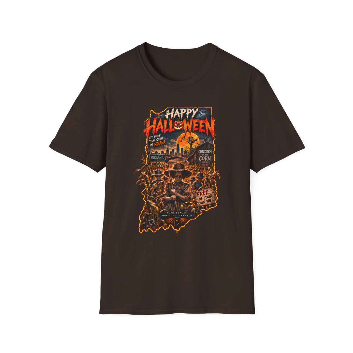 Happy Halloween Retro Tee — Moonlit Skull & Pumpkin Graveyard