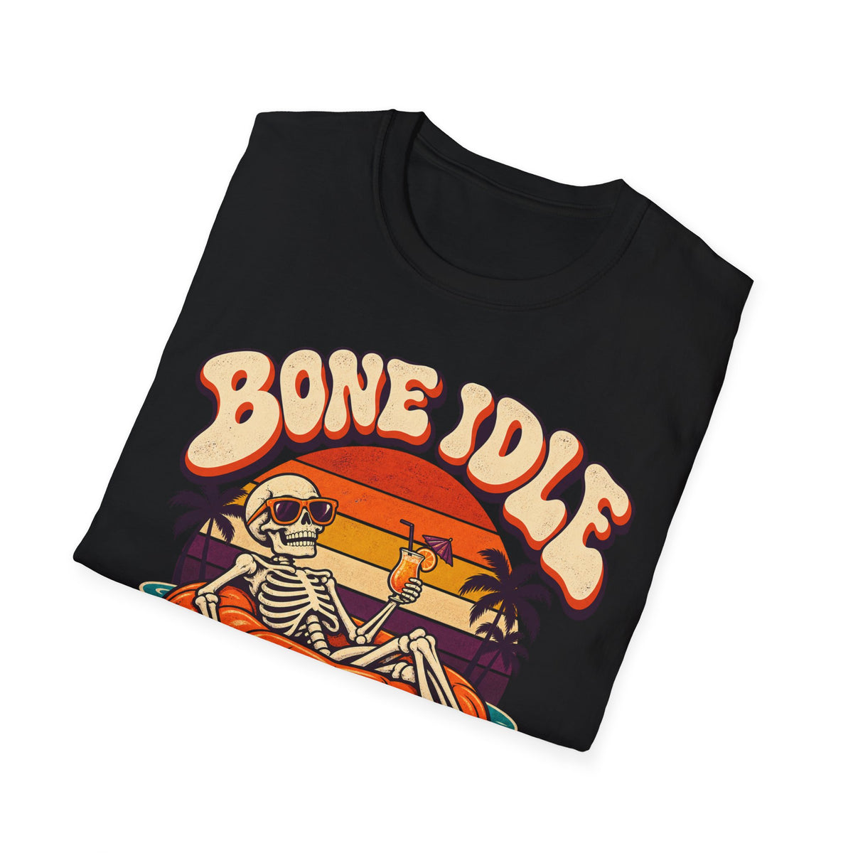 Bone Idle Skeleton Pumpkin T-Shirt — Retro Halloween Vacation Vibe