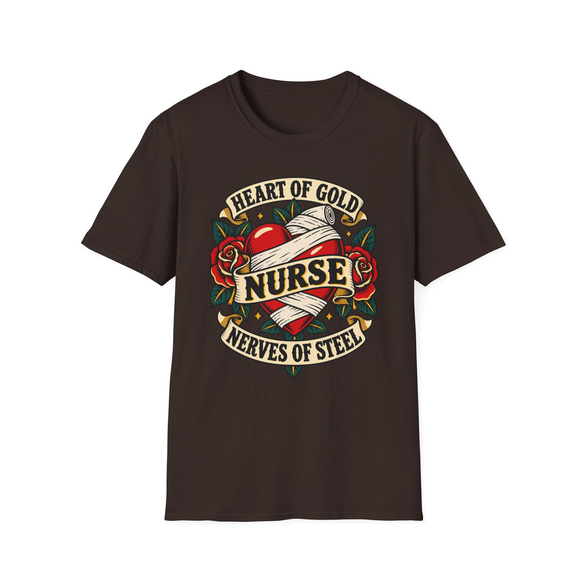 Nurse Tattoo Heart T-Shirt — "Heart of Gold, Nerves of Steel" Retro Nursing Tee