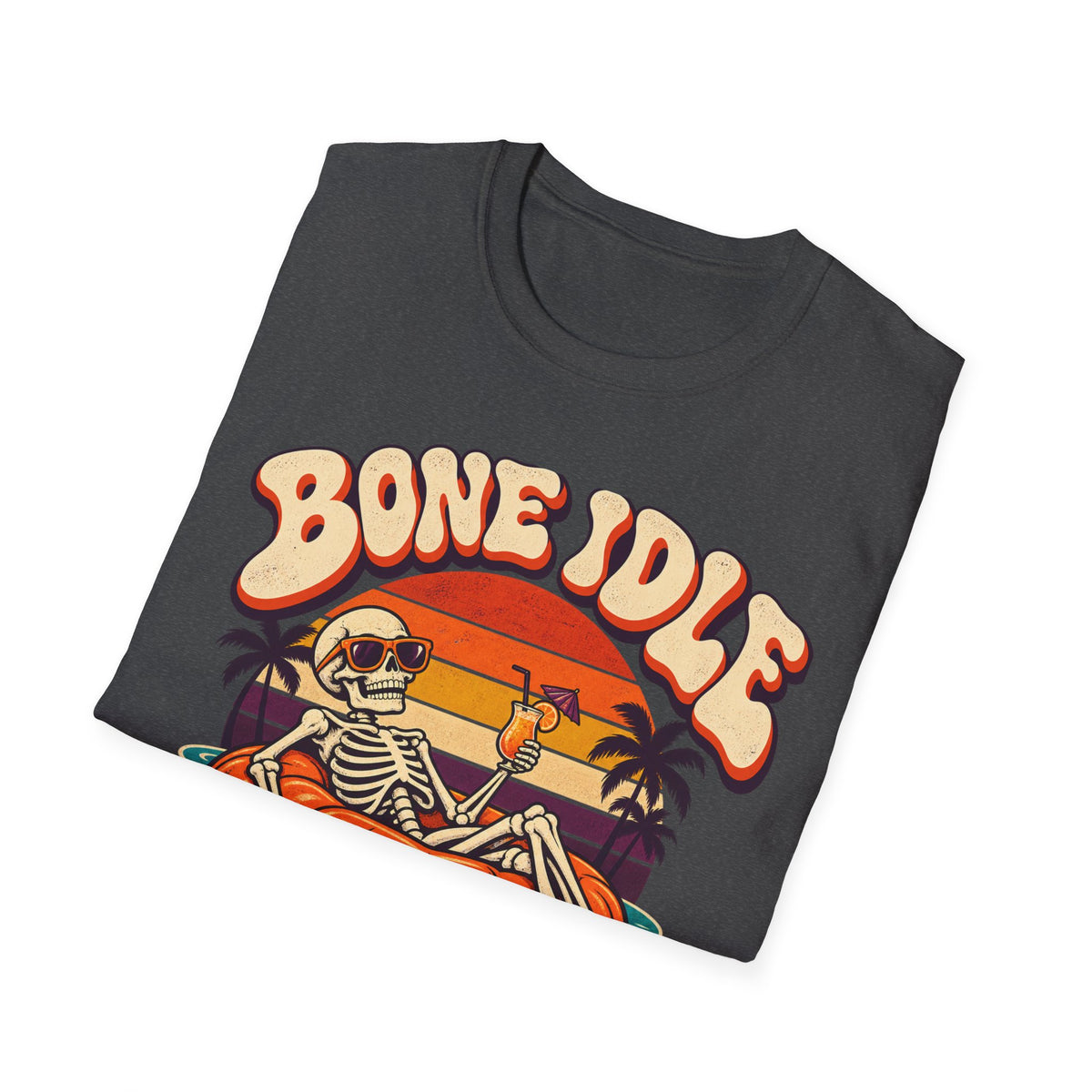 Bone Idle Skeleton Pumpkin T-Shirt — Retro Halloween Vacation Vibe